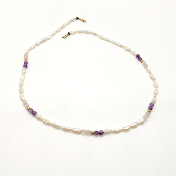 Petite Fresh Water Pearl Rose Quartz & Amethyst Necklace - Picture 2 of 6